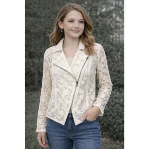 D-Signed Disney Lace Moto Jacket Girls Medium 10-12 Ivory Floral Zip Blouse Top